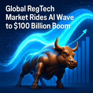 Infographic showing global RegTech market growth projections with AI-driven compliance technology trends