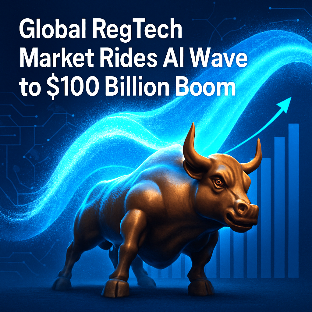 Infographic showing global RegTech market growth projections with AI-driven compliance technology trends